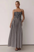 Black And White Striped Smocked Bust A-Line Maxi Dress