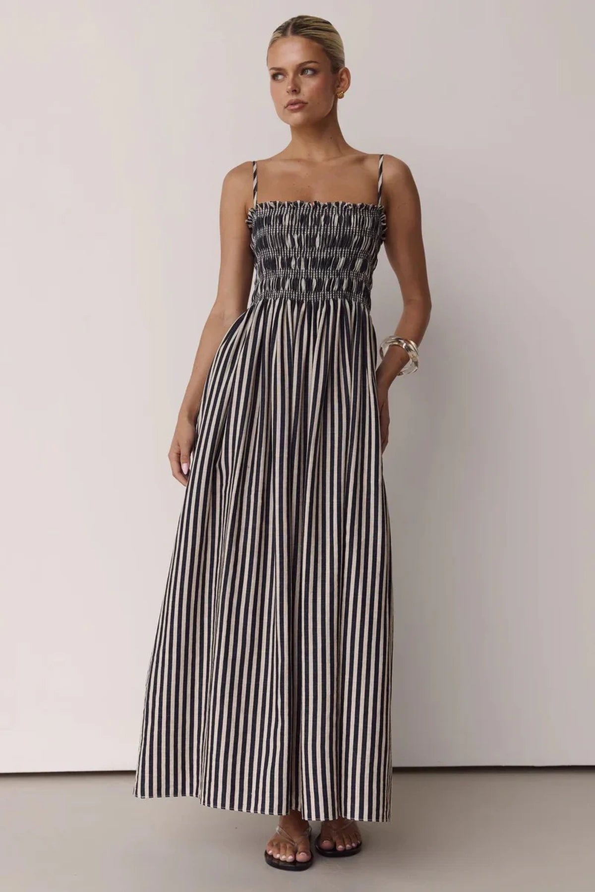 Black And White Striped Smocked Bust A-Line Maxi Dress